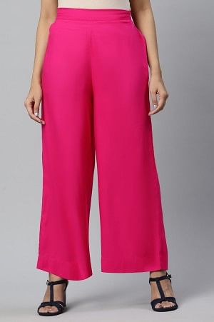 Bright Pink Ankle Length Solid LIVA Palazzos