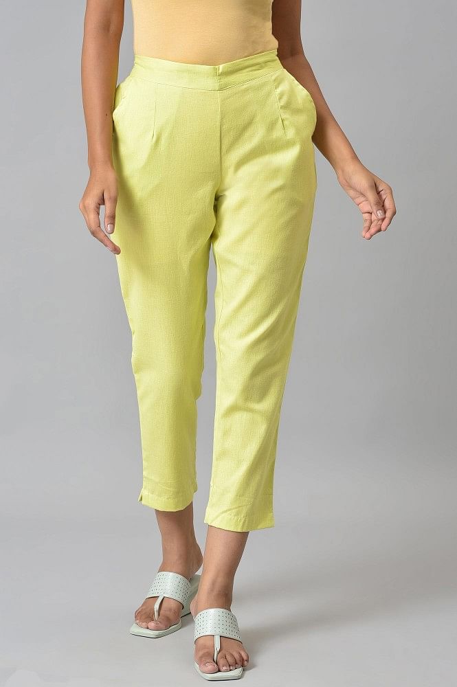 French Lime Plain Ladies Yellow Cotton Silk Ethnic Pencil Pant