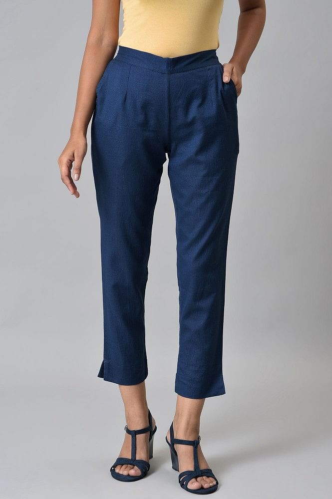 LINEN BLEND TROUSERS WITH TURNUP HEMS  Navy blue  ZARA India