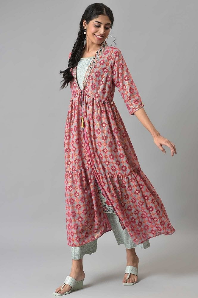Buy Blue Printed Front Slit Georgette Long Kurti Online in India |  Colorauction