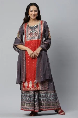 LIVA Grey Placement Printed Kurta with Culottes and Dupatta