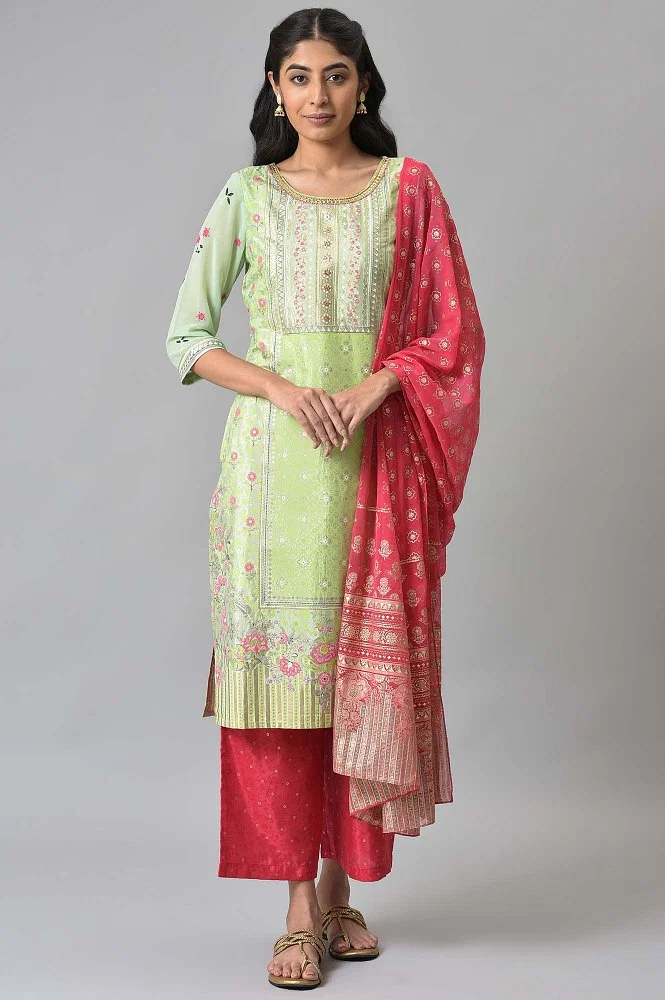 Buy Lime Green Printed Cotton Anarkali Kurti With Sharara & Dupatta Online  at Rs.1599