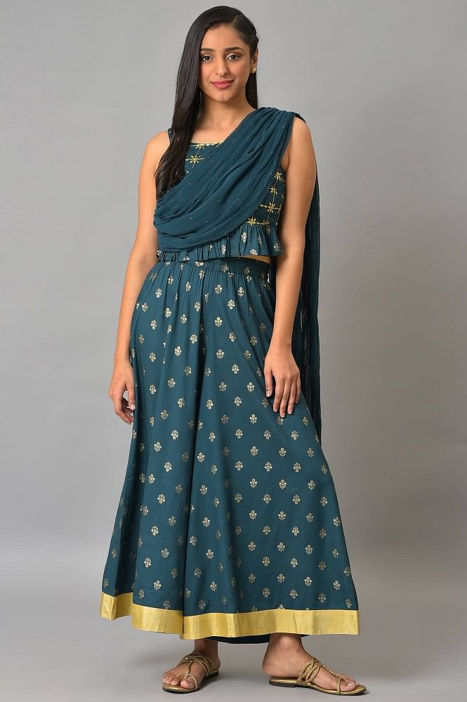 Buy Liva Blue Crop Top With Attached Dupatta And Semi Flared Palazzo Set  Online  Aurelia
