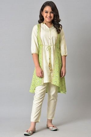 Girls Green Embellished Gilet With Natural Kurta And Trousers