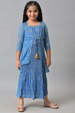 Girls Blue Gilet With Tiered Dress