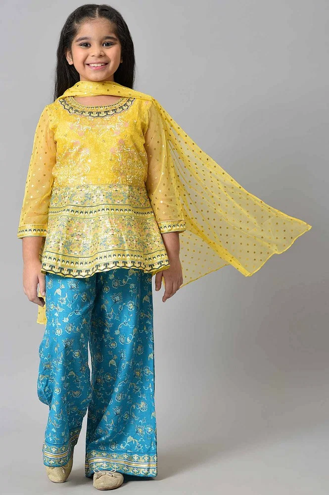 Buy Girls Liva Yellow Floral Printed Flared Top With Blue Palazzo And  Yellow Dupatta Online - Aurelia