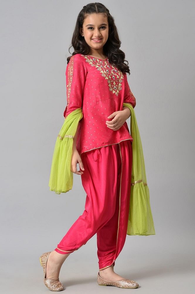 Girls Magenta Bandhani Printed Angrakha Pure Cotton Kurti with Dhoti Pants  - Saka Designs - 3905149