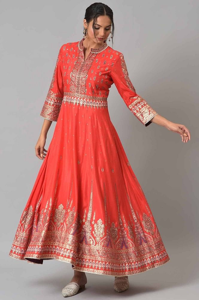 Gown  Tomato red banglori silk long partywear gown