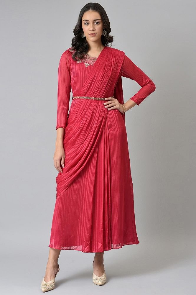 Rani Red Embellished Yoke And Panel Drape Gown Saree