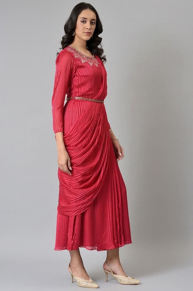 Embellished red fitted drape saree gown by Kamaali Couture