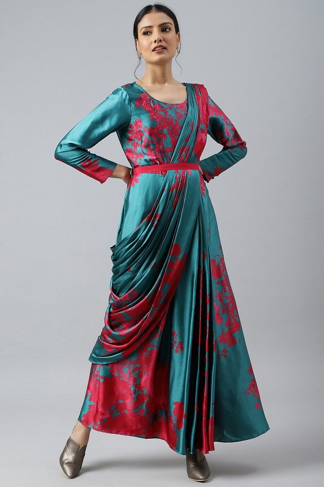 Designer Midnight blue drape saree gown with handwork: Perfect Panache