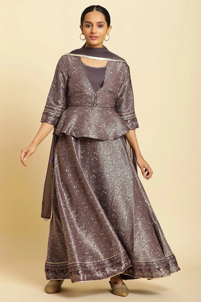 Buy Purple Zari Jacquard Peplum Top With Skirt And Dupatta Online - W for  Woman