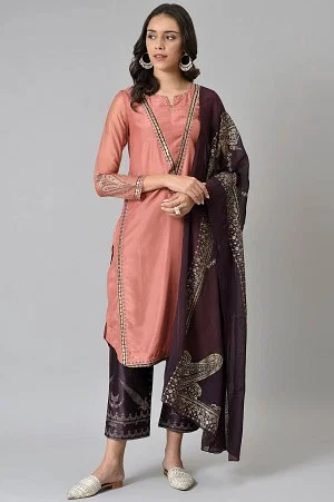 Peach Embroidered Kurta With Purple Parallel Pants And Dupatta