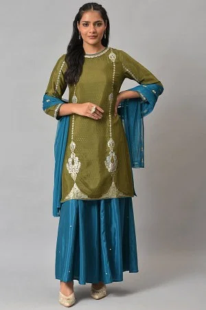 Olive Green Embroidered Kurta With Teal Flared Pants And Dupatta