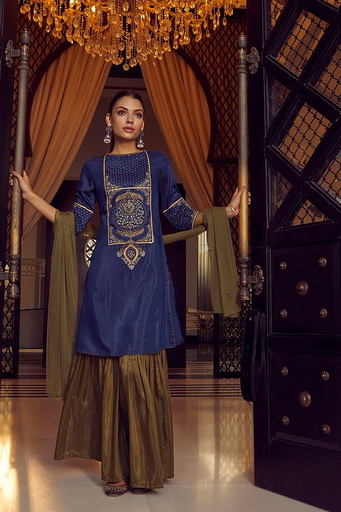 Blue Pakistani Dress in Kameez Sharara Dupatta Style – Nameera by Farooq