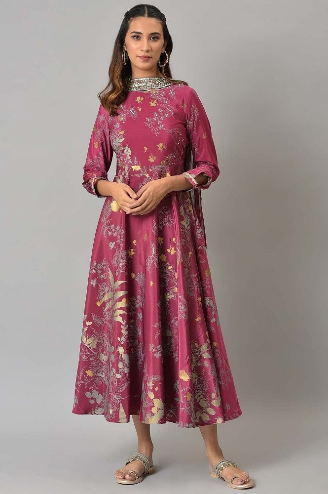 Deep pink embroidered & miror work floor length anarkali gown with dup –  Kasturi Creations