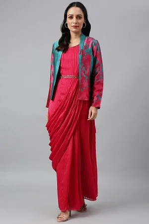 Coral Red Sleeveless Predrape Saree Dress With Belt And Tailored Jacket Set