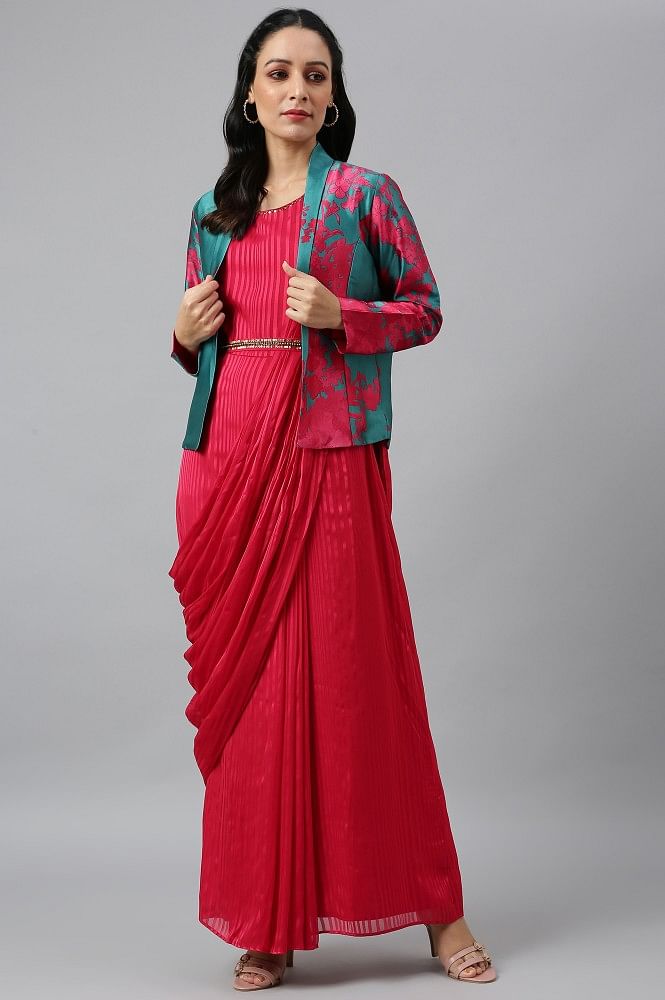 Buy Purple Crystal Jersey Saree With Neon Green Blazer by Designer ITRH  Online at Ogaan.com
