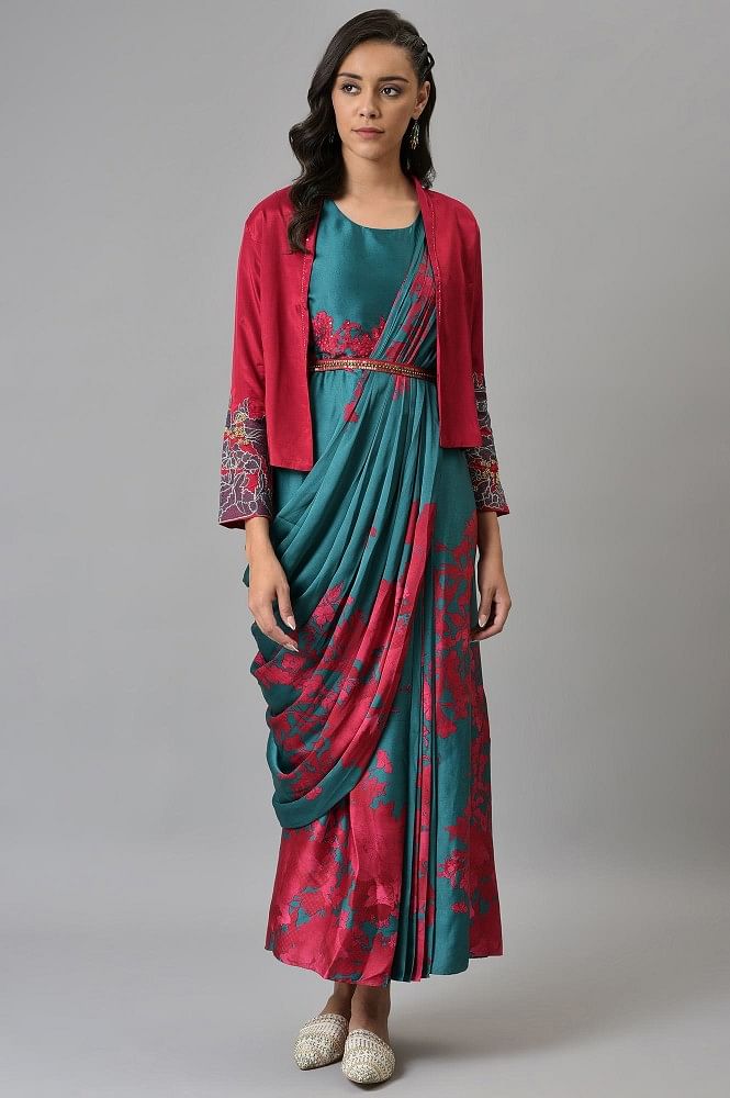 Purple and Navy Blue Fit & Flare Madurai Saree Dress - Mogra Designs