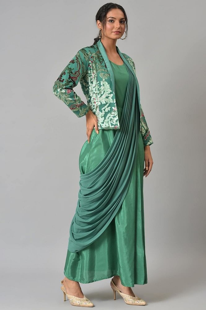 Praveena Designer Women's Solid Satin Saree with Embellished Cape (Beige) :  Amazon.in: Fashion