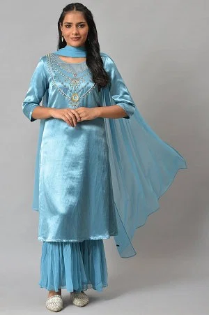 Blue Embellished Mashroo Silk Kurta With Garara And Dupatta