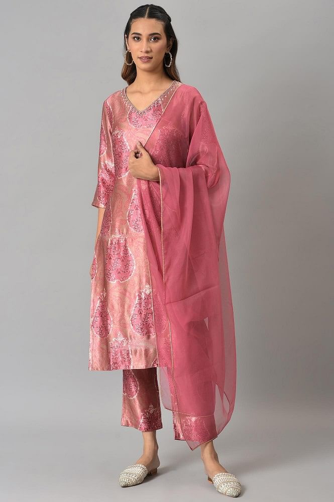 Mustard yellow hand embroidered kurta and pants with dupatta - Set Of Three  by The Hemming Bird | The Secret Label