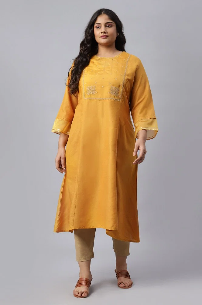 Buy Plus Size Mustard Yellow Embroidered Kurta With Green Tights And  Printed Dupatta Online - W for Woman