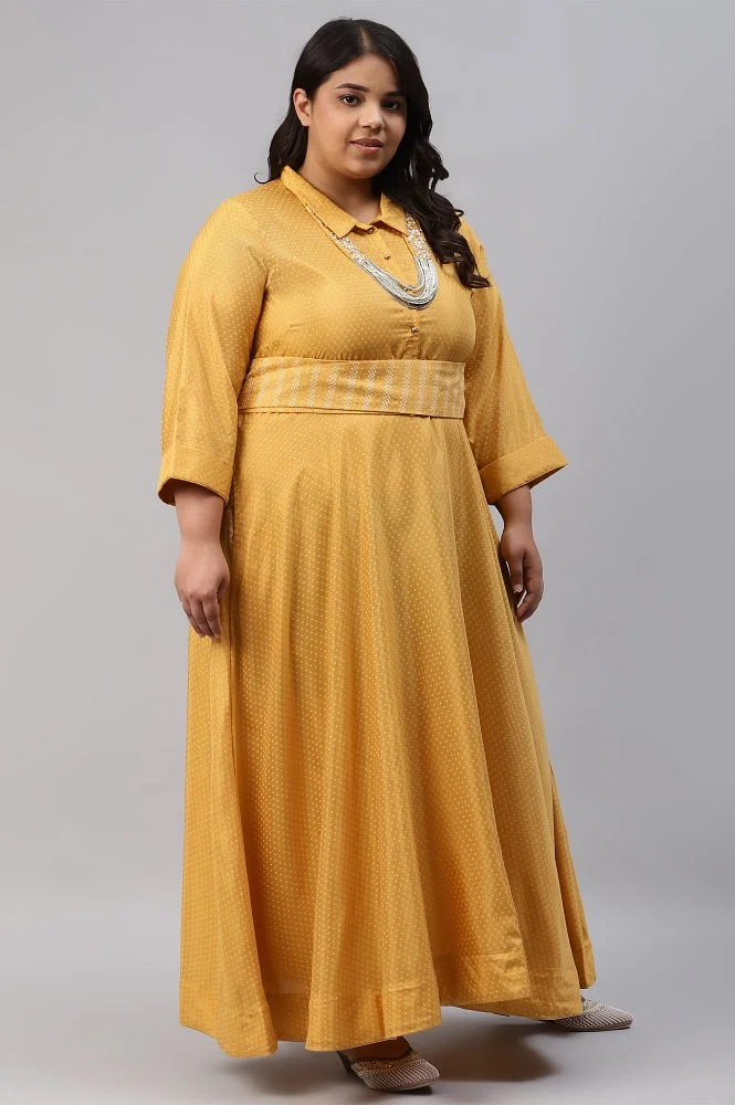 Buy Yellow Glitter Printed Plus Size Shirt Dress With Embroidered Neckpiece  Online - Shop for W