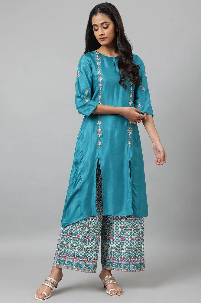 Teal Embroidered Front Slit kurta with Printed Parallel Pants