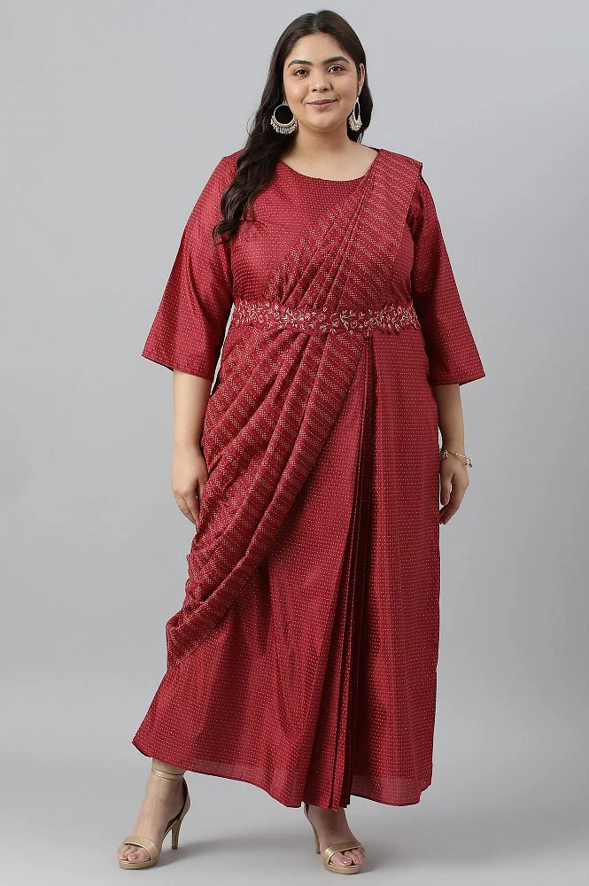 Buy Plus Size Maroon Insta Saree Dress With Embroidered Belt