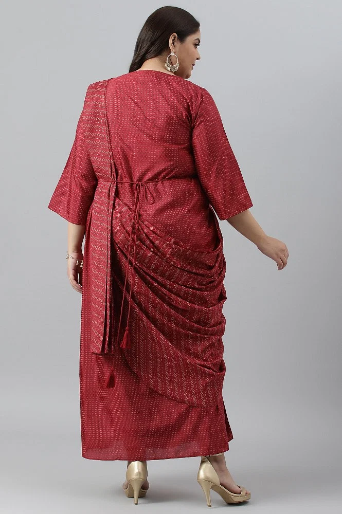 Buy Plus Size Maroon Insta Saree Dress With Embroidered Belt