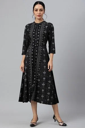 Buy Black Striped Long Sleeveless Dress Online - W for Woman