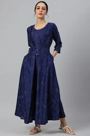 Buy Dark Blue Glitter Printed Festive Plus Size Insta Saree Dress