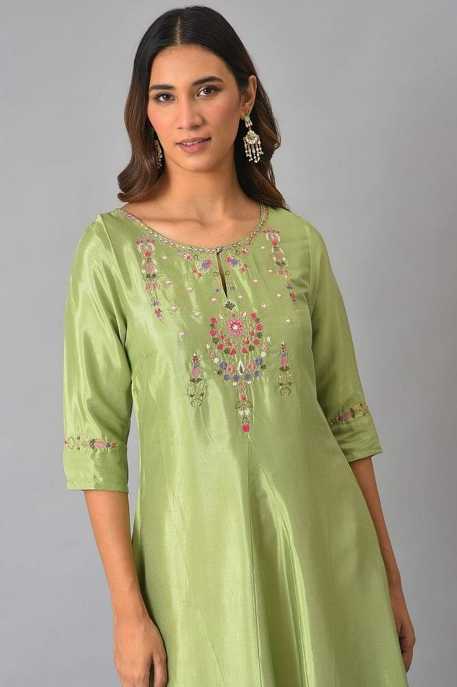 Green Floral Embroidered With Stripe Printed Cotton Kurti Pant Set