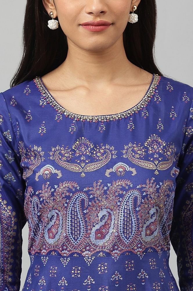 Indigo Blue Handcrafted Silk Anarkali Gown – Vasansi Jaipur