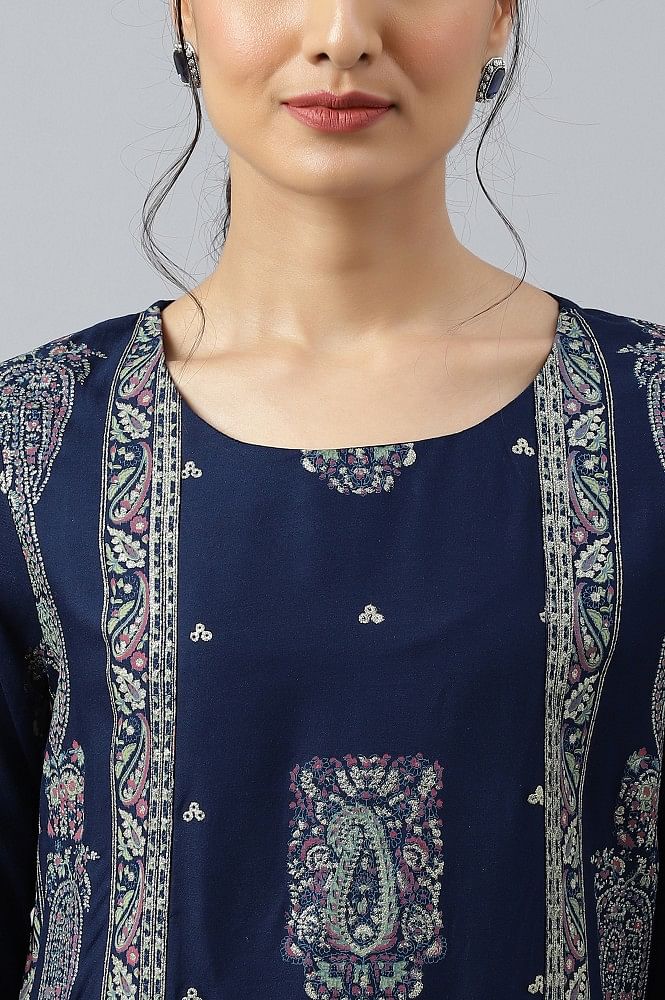 Twara Dark blue unique & intricate motifs printed 3/4th sleeve Rayon layer  long shrug kurti