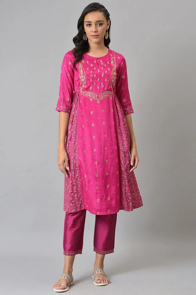 ROOP RANG APPARELS Women Floral Print Flared Kurta (Pink) - Price History