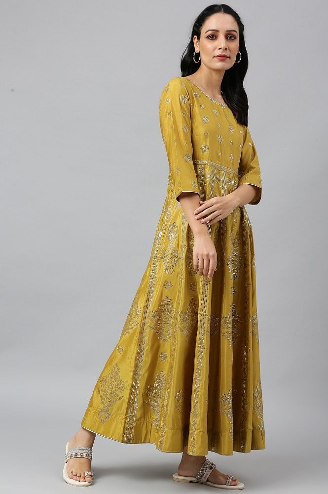 Buy HAUTE CURRY Yellow Printed Cotton Blend Boat Neck Women's Ethnic Dress  | Shoppers Stop