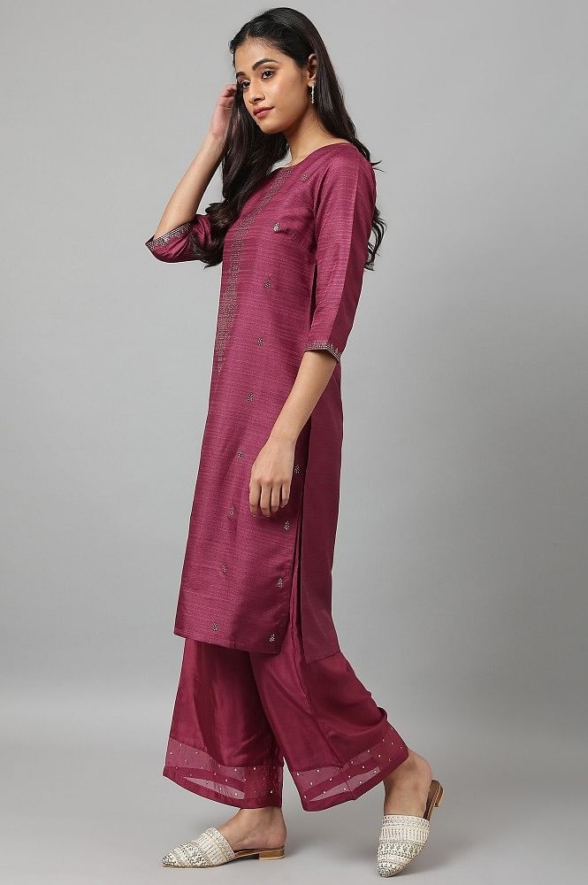 Party Wear Red Cotton Silk Kurta with Brocade Yoke and Sleeves - Pant –  Sujatra