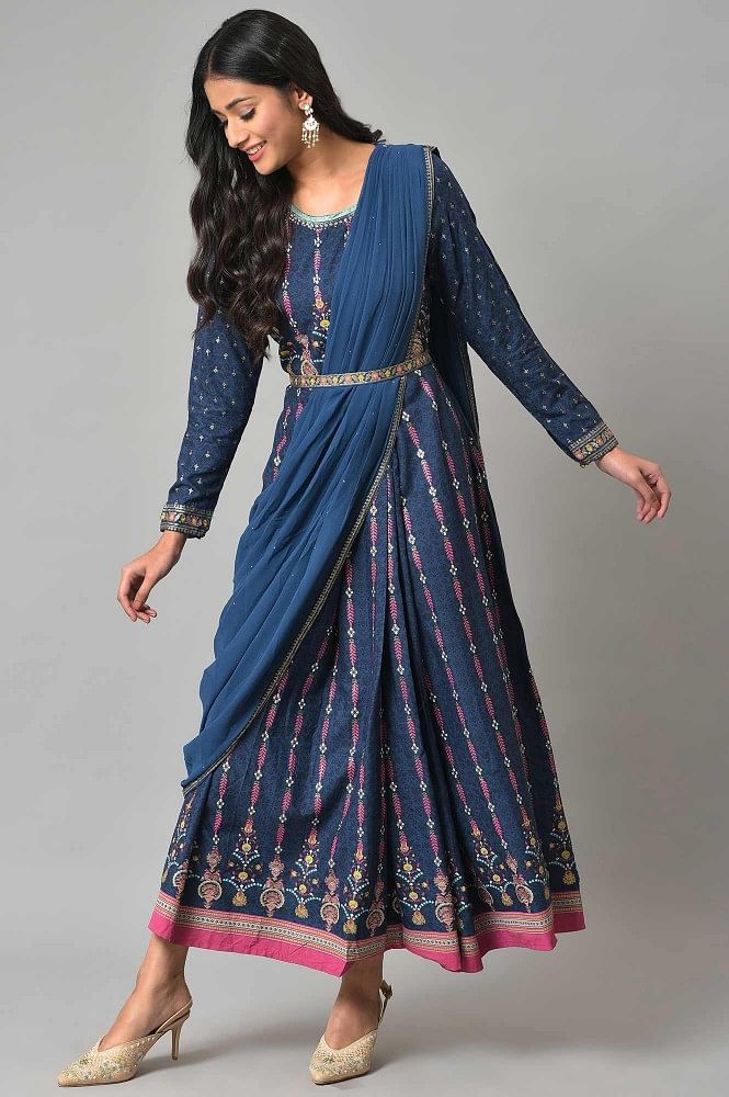 Charming Navy Blue Designer Gown With Dupatta Georgette Heavy Embroidery  Sequins Work Gown Salwar Kameez for Women Wedding Wear Readymade - Etsy