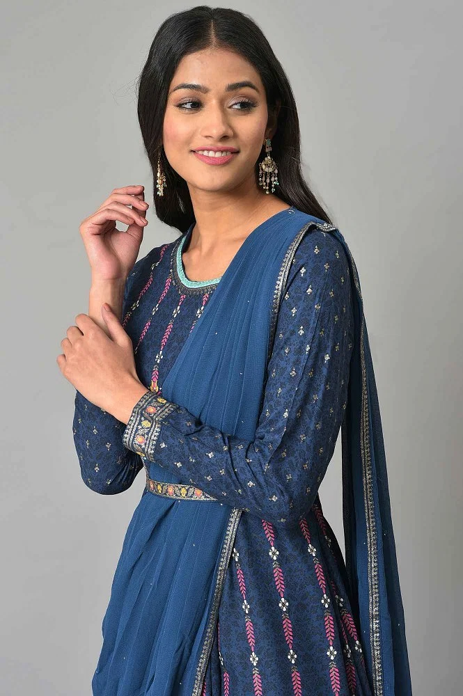 Buy Dark Blue Glitter Printed Festive Plus Size Insta Saree Dress