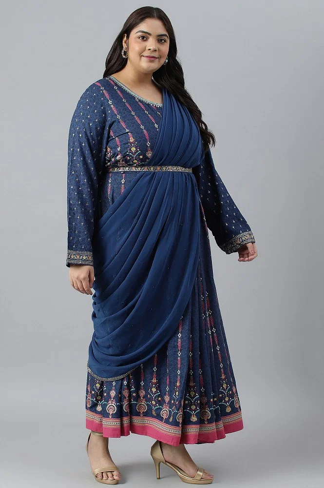 Buy Dark Blue Printed Festive Plus Size Insta Saree Dress Online - Shop W