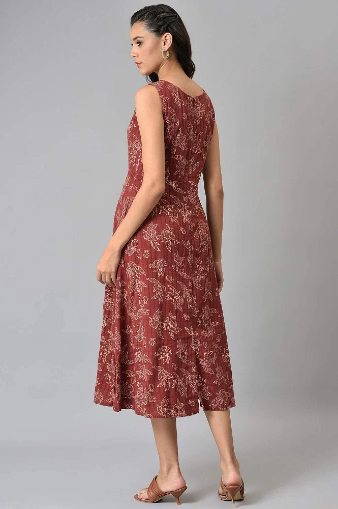 Buy Dark Red Floral Printed Sleeveless Western Dress Online - Shop