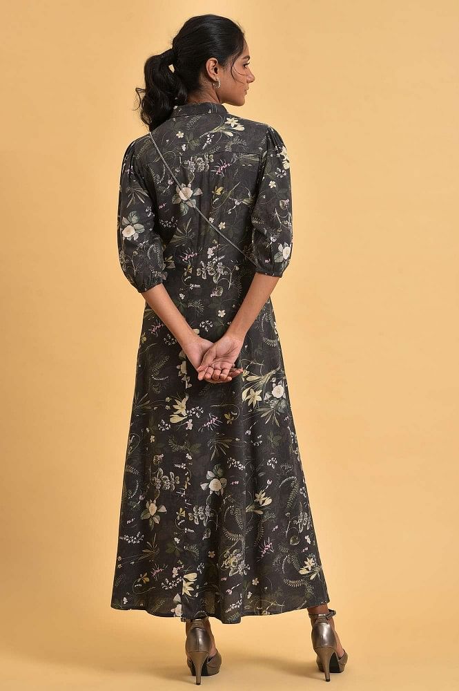 Black floral printed fit and flare midi dress by The Anarkali Shop | The  Secret Label