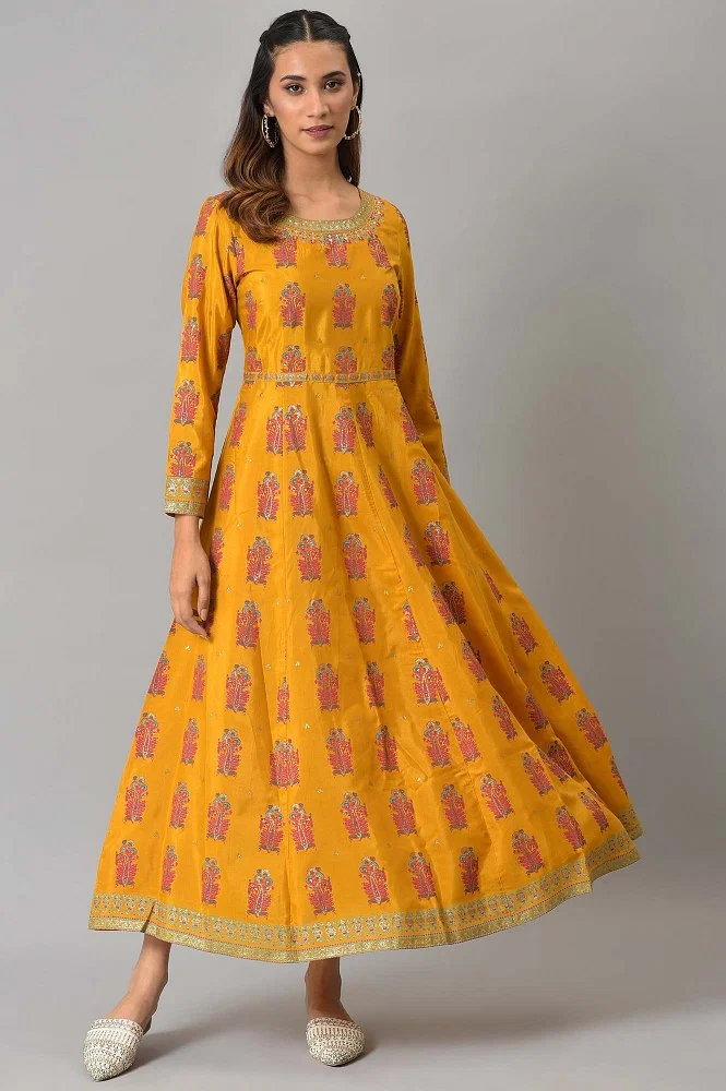 Rayon Yellow Printed Nyraa cut Ethnic Dress | Ethnic dress, Dress cuts,  Full length dress
