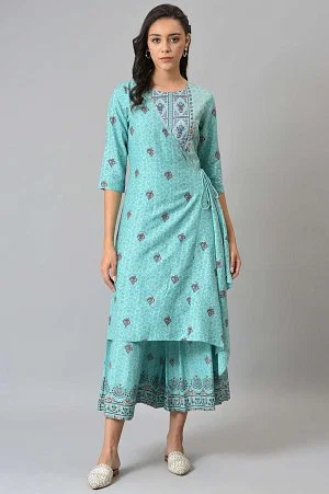 Teal Embroidered Front Slit kurta with Printed Parallel Pants