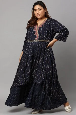 Buy Dark Blue Glitter Printed Festive Plus Size Insta Saree Dress Online -  W for Woman