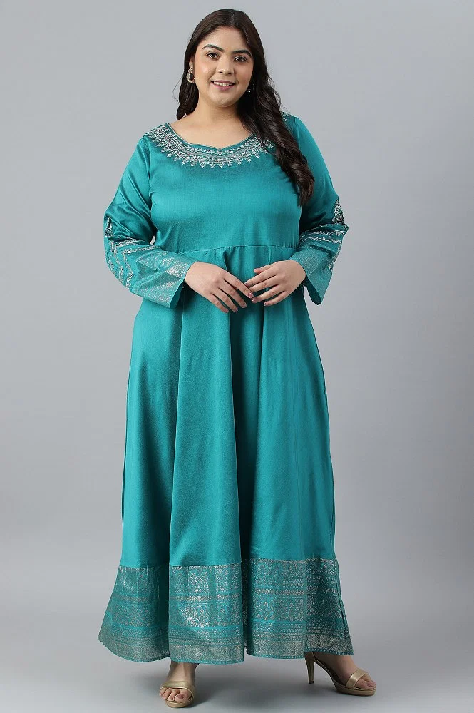 Buy Teal Blue Glitter Printed And Embroidered Plus Size Dress Online - W  for Woman