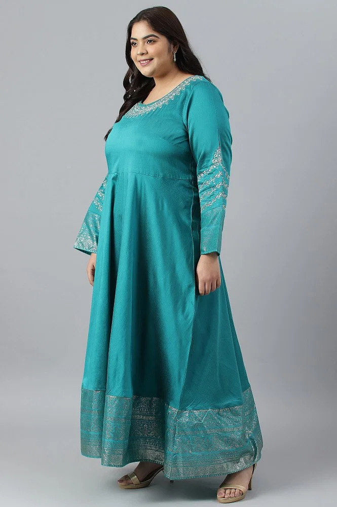 Teal Blue Glitter Printed And Embroidered Plus Size Dress