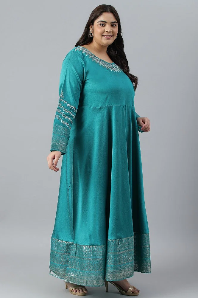 Buy Teal Blue Glitter Printed And Embroidered Plus Size Dress